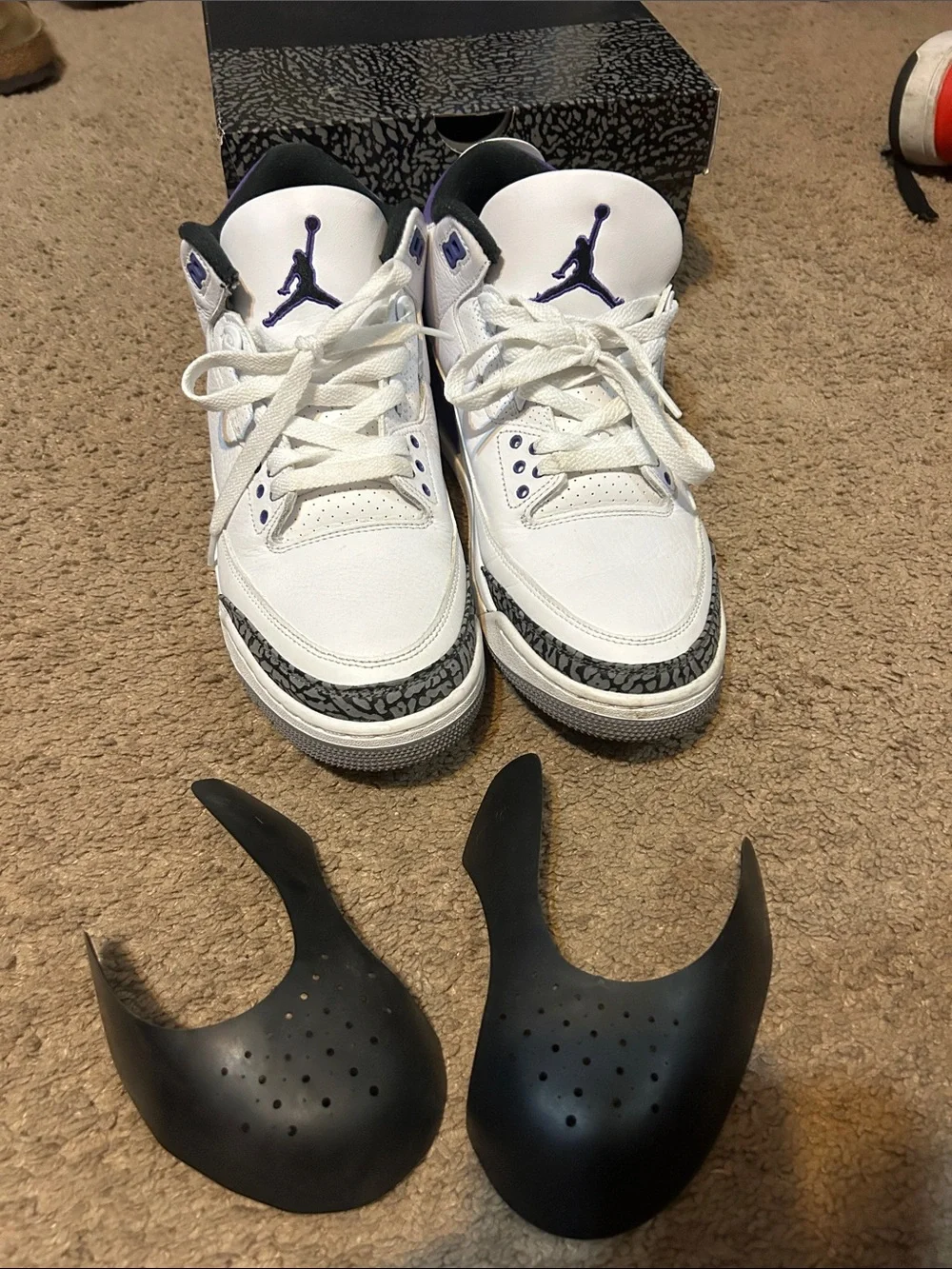 Jordan 3’s White and Purple Leather Basketball Sneakers